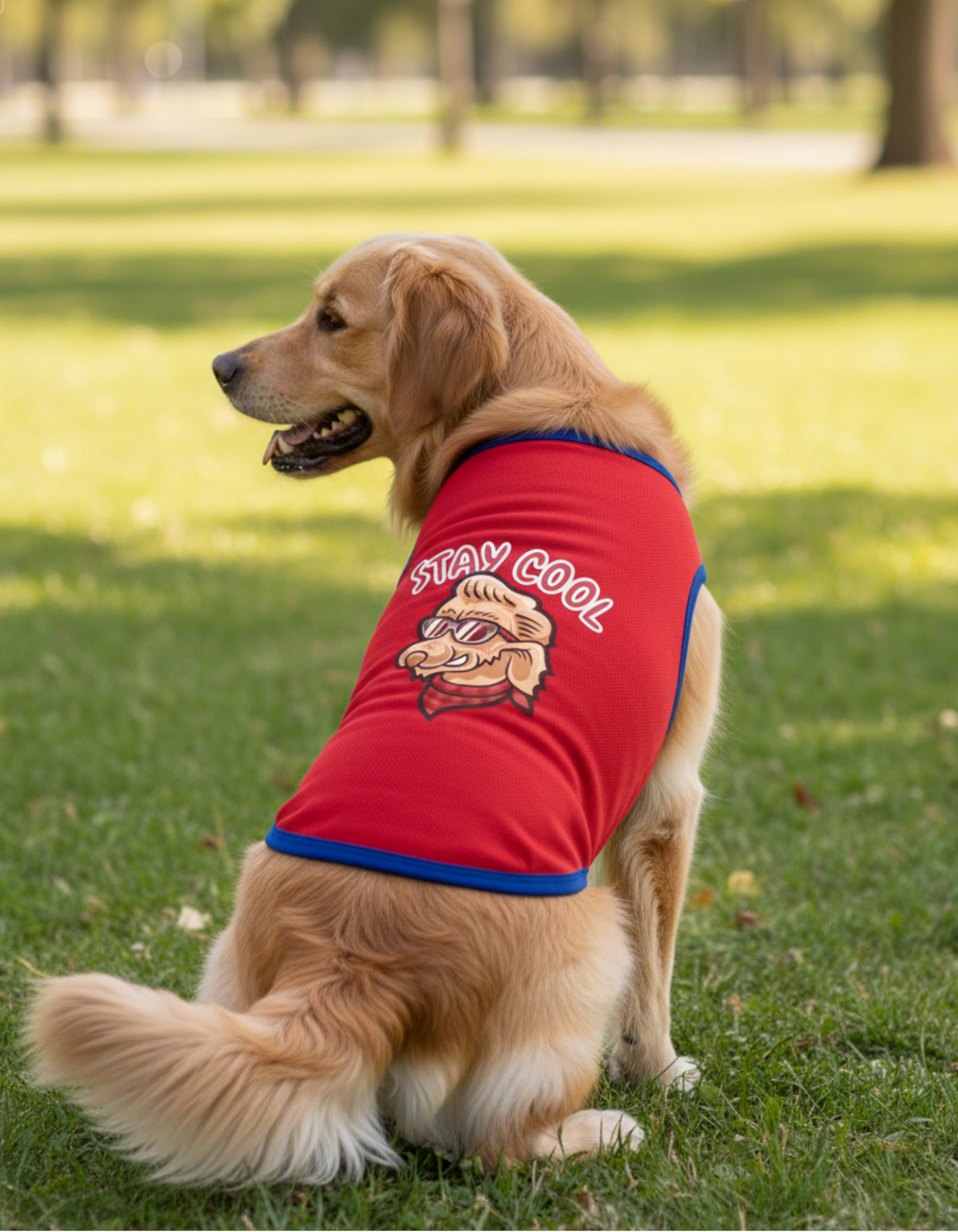 Dog wearing a red shirt with a graphic and text, sitting on grass.