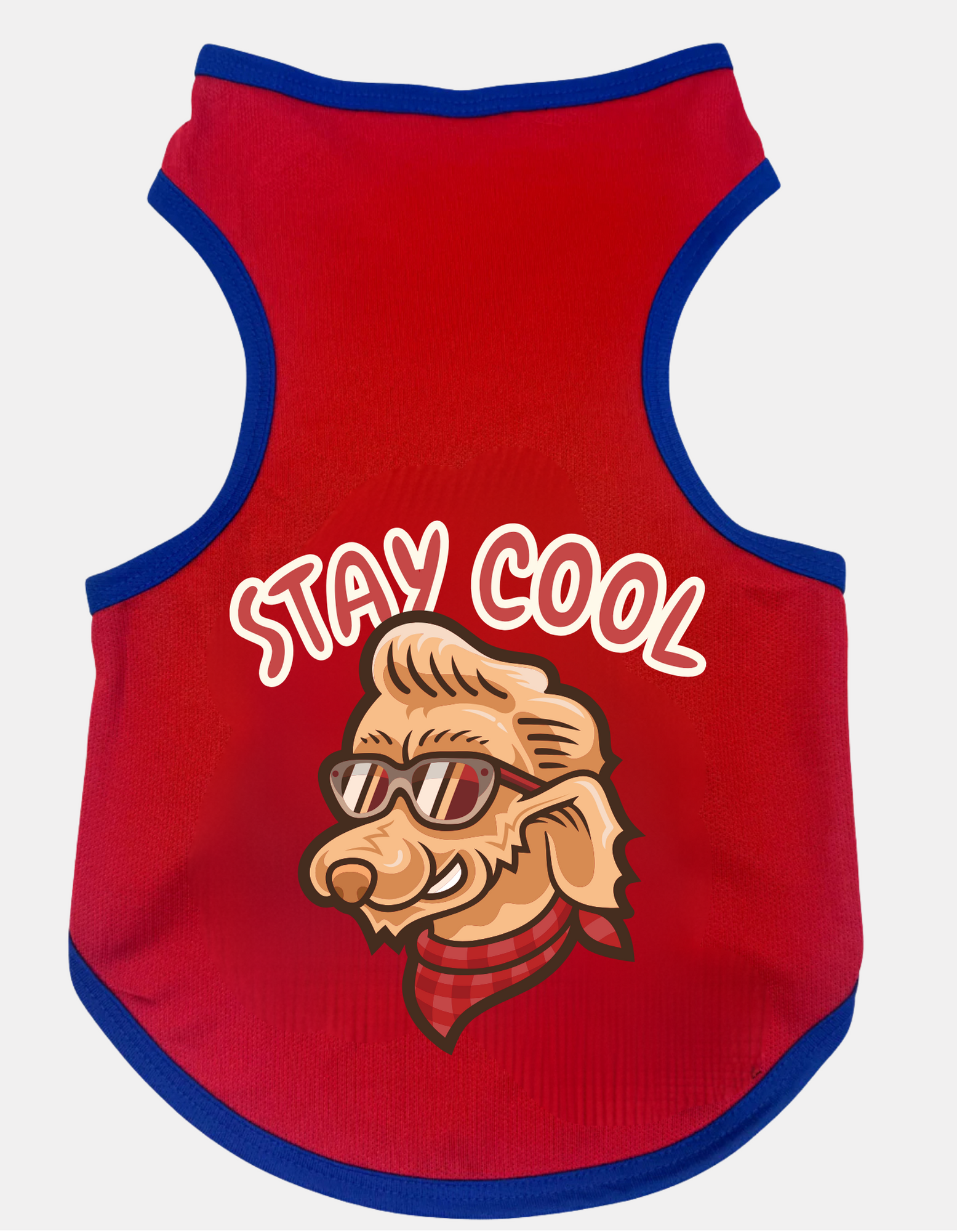 Red pet shirt with cartoon dog graphic and 'Stay Cool' text on a white background