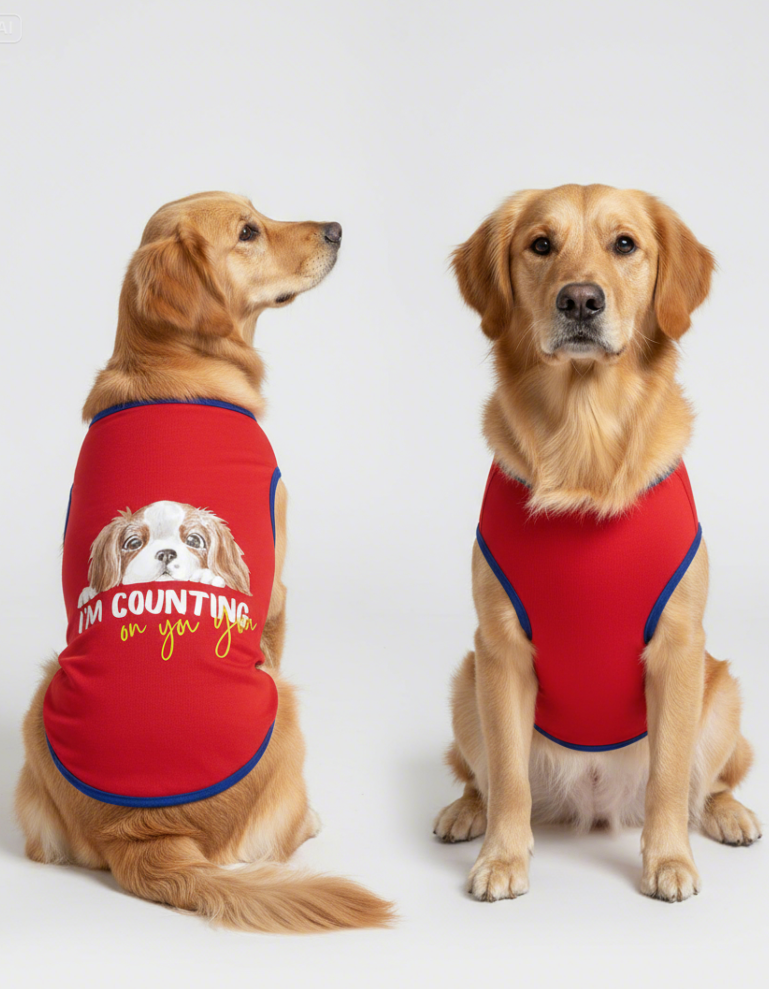 Two dogs wearing red shirts with a graphic of another dog on a white background