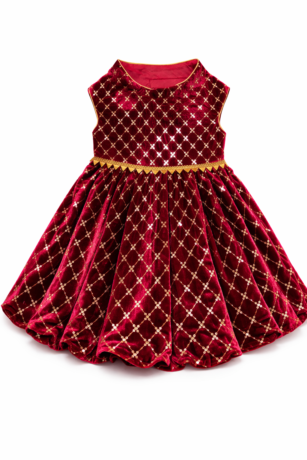 Red velvet dress with gold patterns on a white background