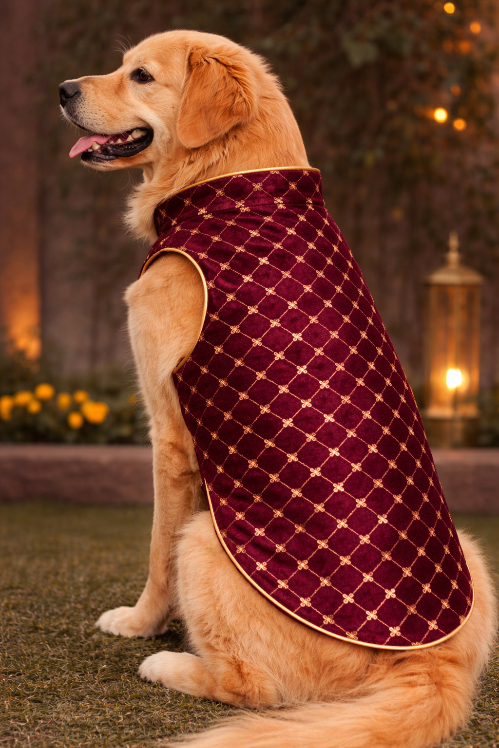Dog wearing a red patterned coat sitting outdoors with decorative lights in the background