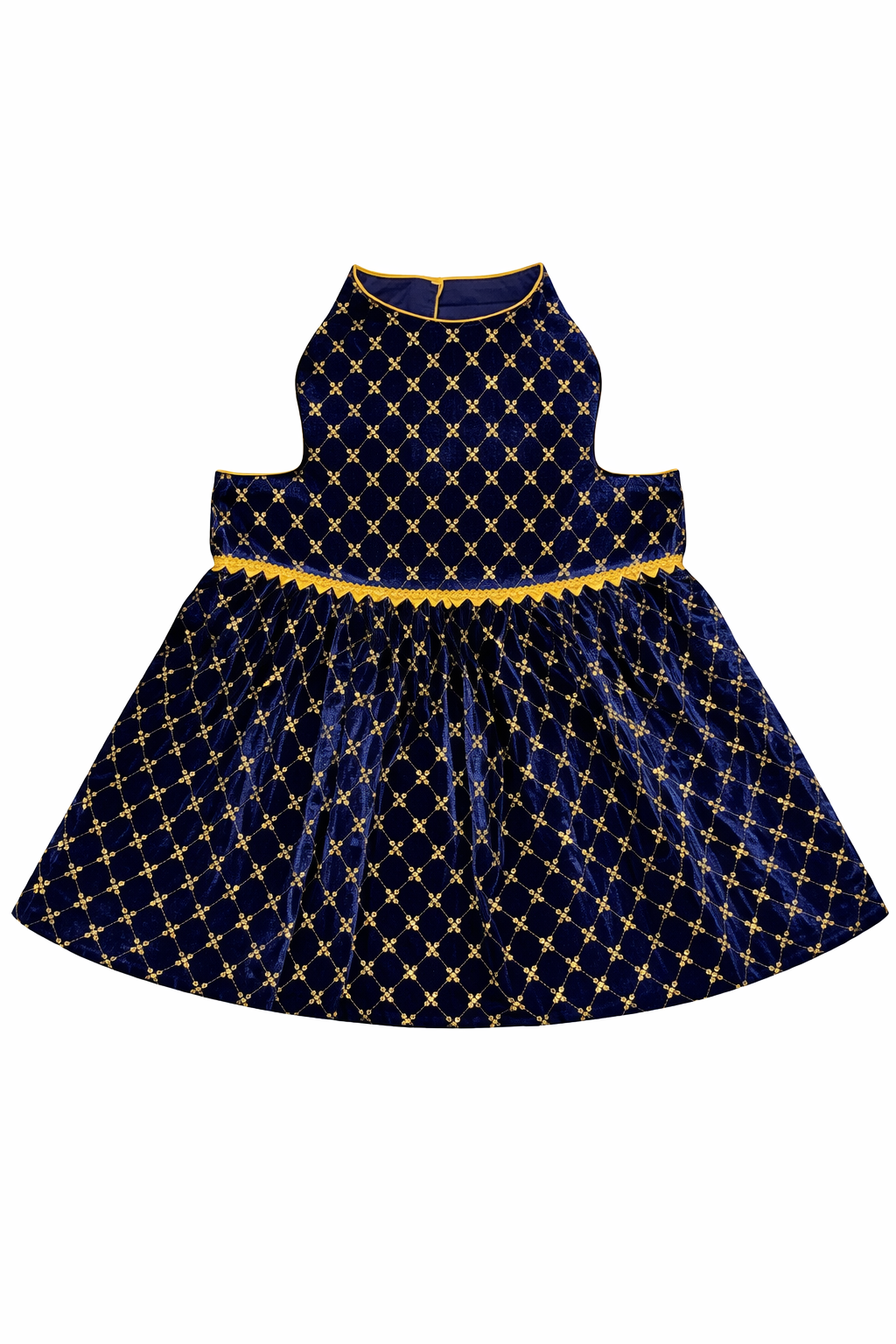 Navy blue dress with gold star pattern on a white background