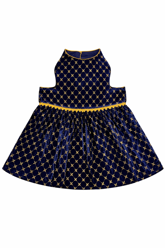 Navy blue dress with gold star pattern on a white background