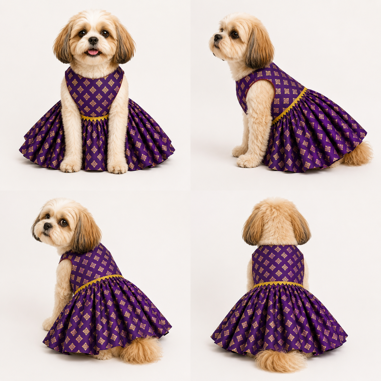 Dog wearing a purple dress with gold accents in multiple poses on a white background