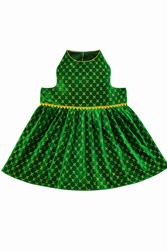 Green dress with gold pattern on a white background