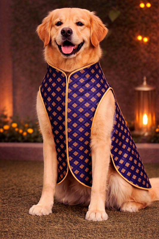 Dog wearing a blue patterned coat with a warm, indoor background