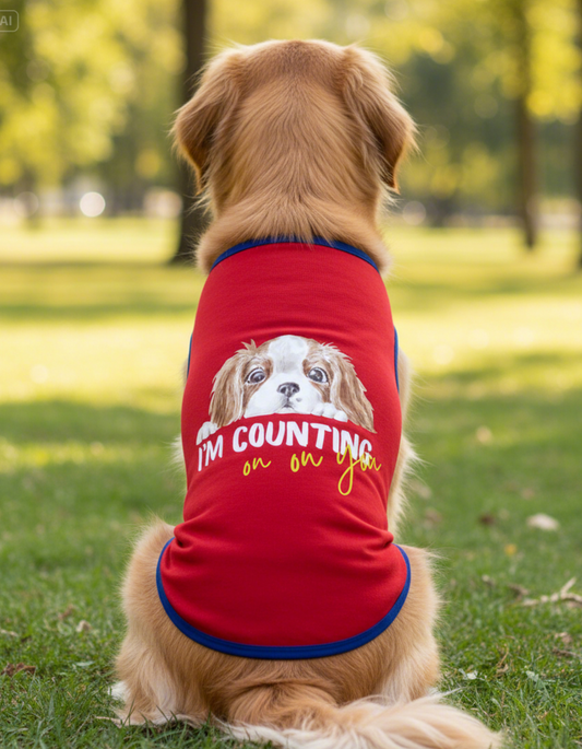 Dog wearing a red shirt with a graphic and text in a park