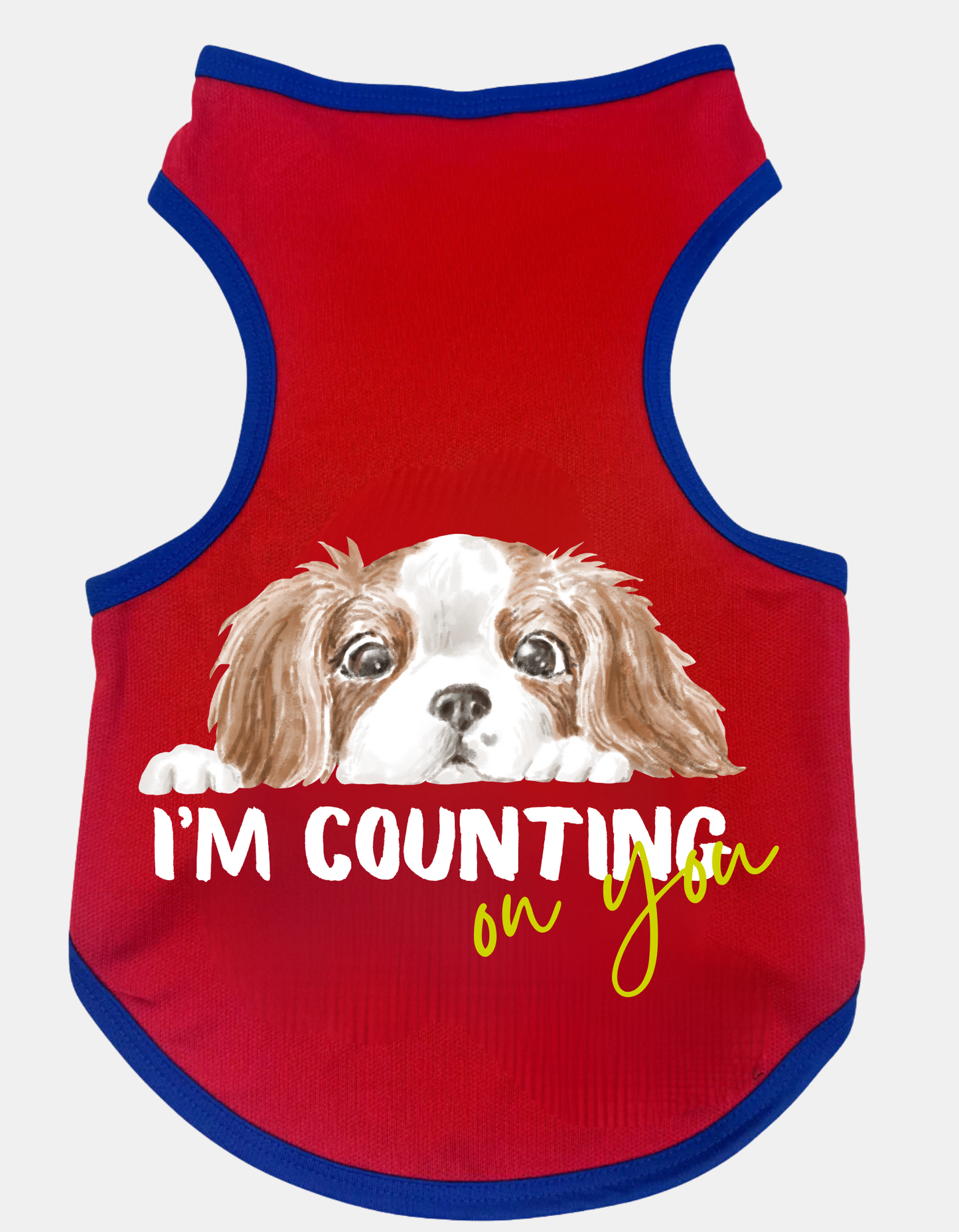 Red pet vest with a dog illustration and text on a white background