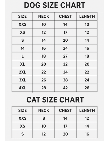 Dog and cat size charts with measurements on a white background