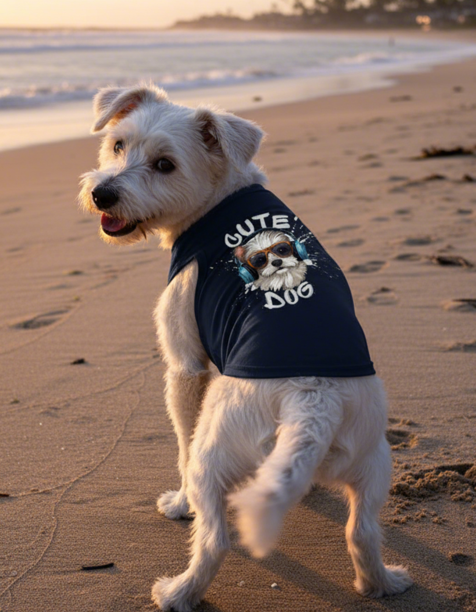 Dog wearing a 'Cute Dog' shirt on a beach