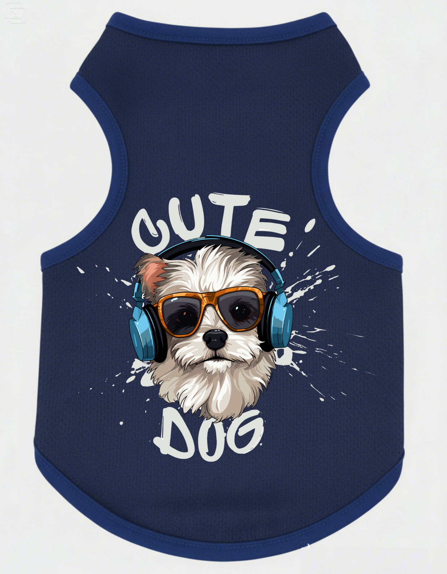 Navy blue pet vest with a dog graphic and 'Cute Dog' text on a white background