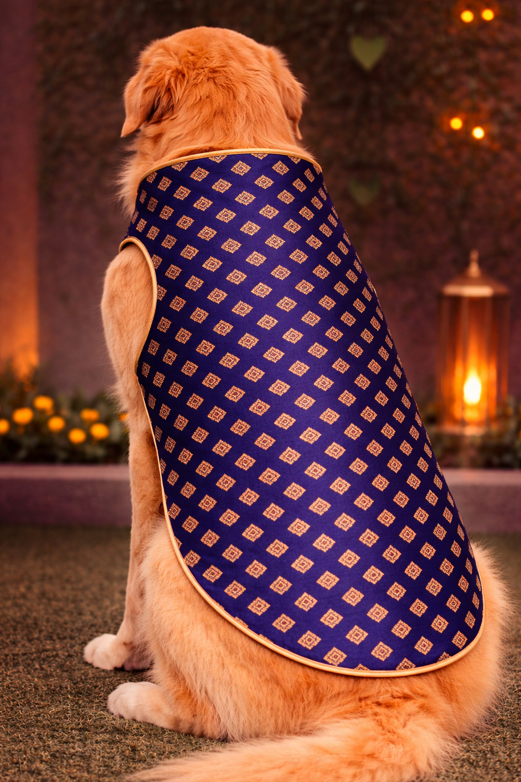 Dog wearing a blue patterned coat sitting on a carpeted floor with decorative lights in the background.