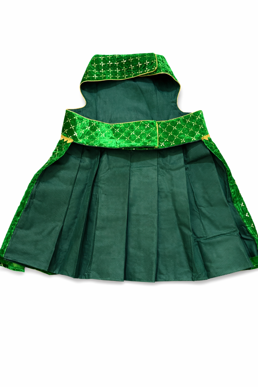 Green hooded cape with intricate pattern on a white background