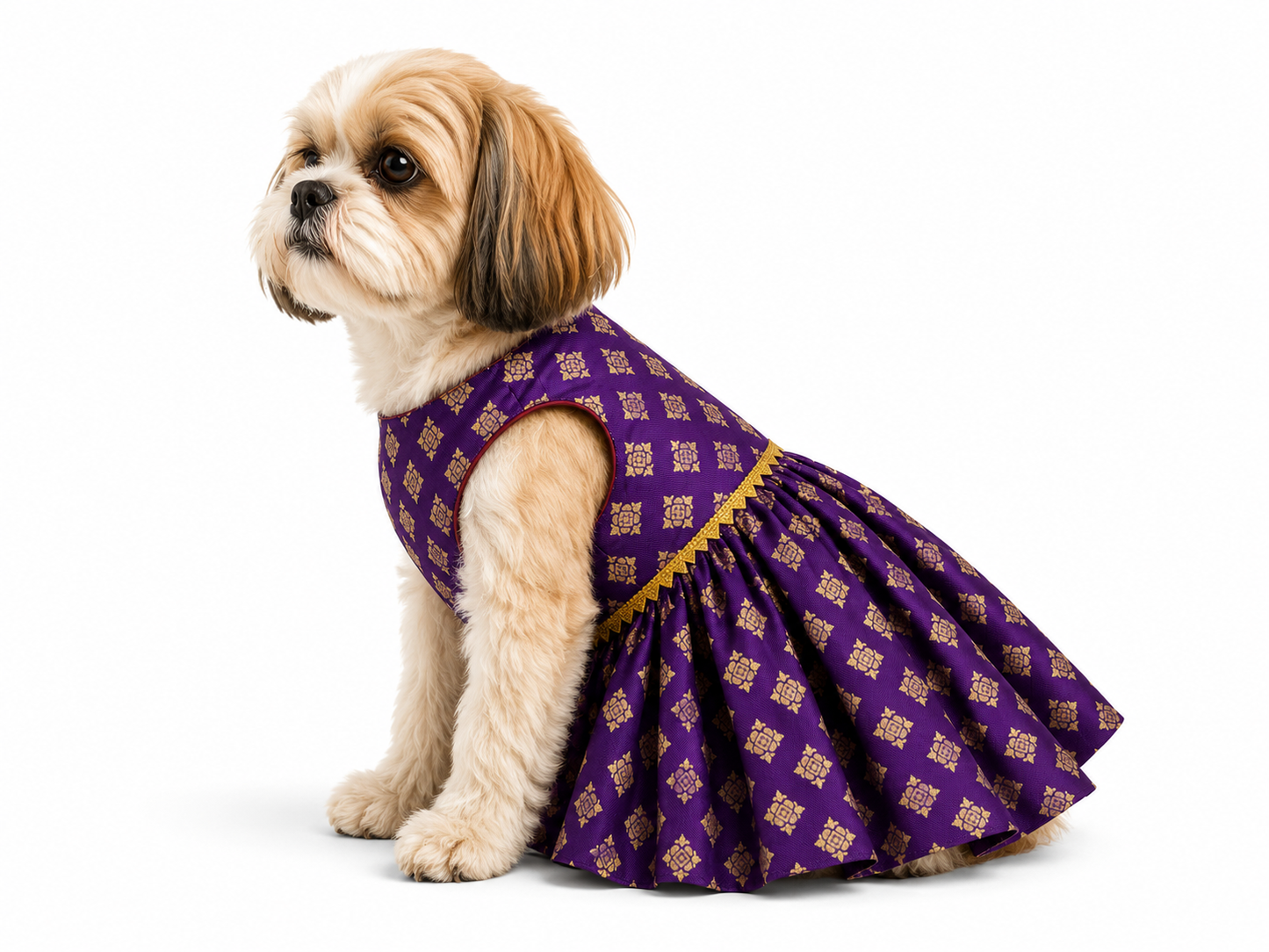 Small dog wearing a purple dress with gold patterns on a white background