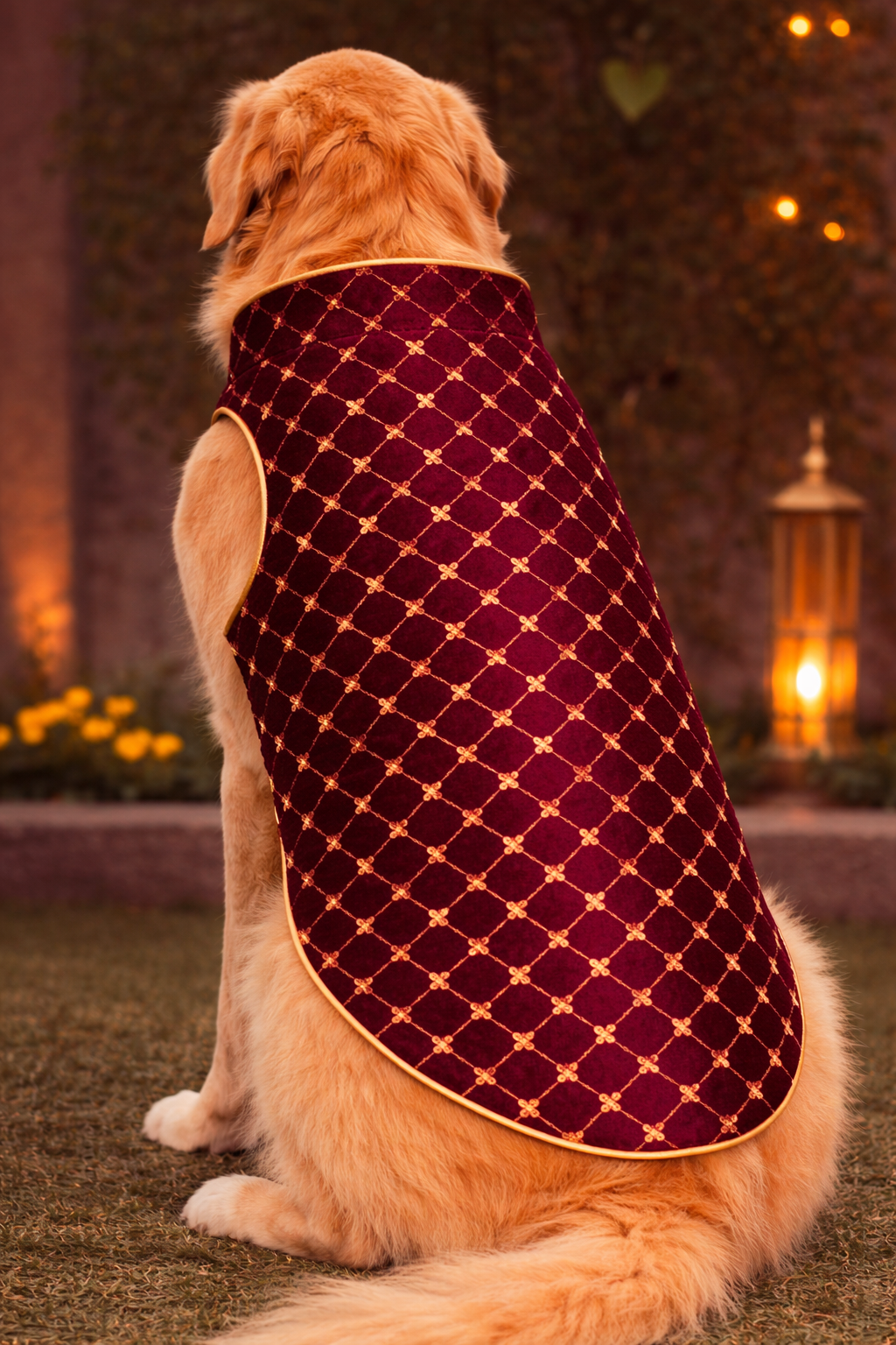 Dog wearing a red quilted coat with a pattern, sitting outdoors with warm lighting.