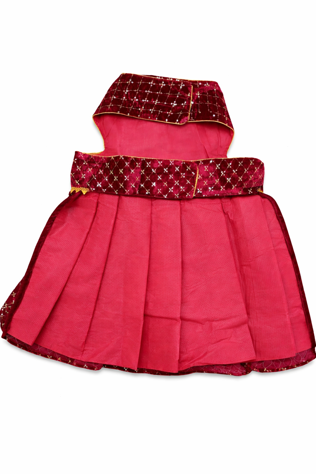 Red dress with gold embellishments on a white background