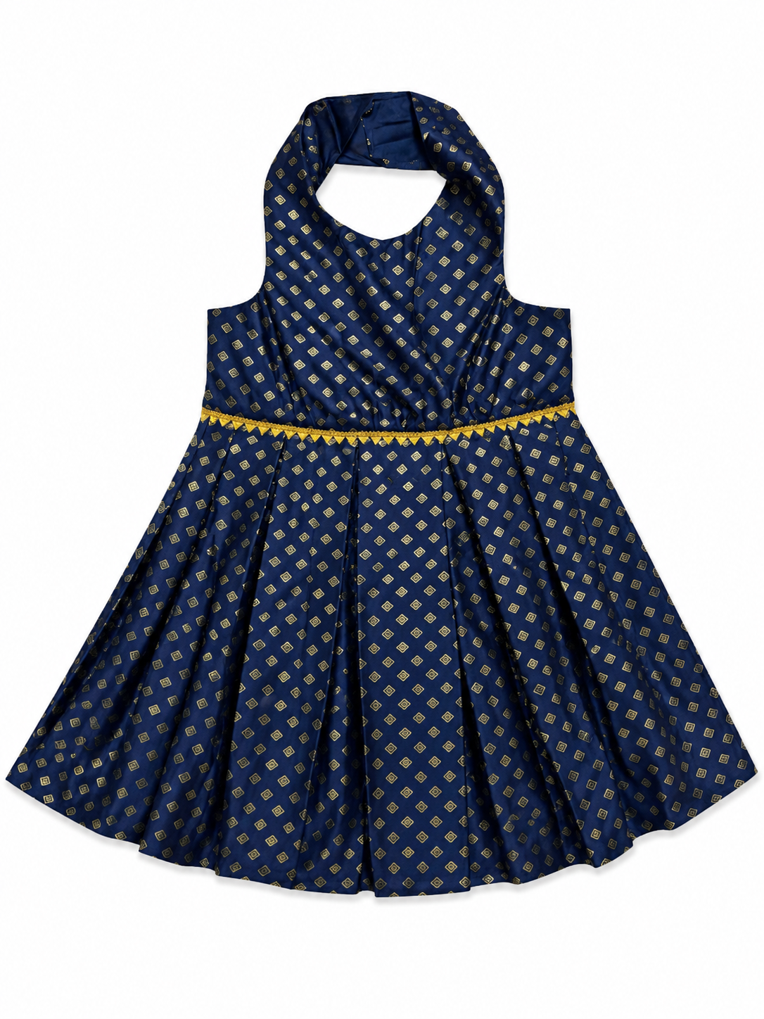 Navy blue dress with gold patterns on a white background