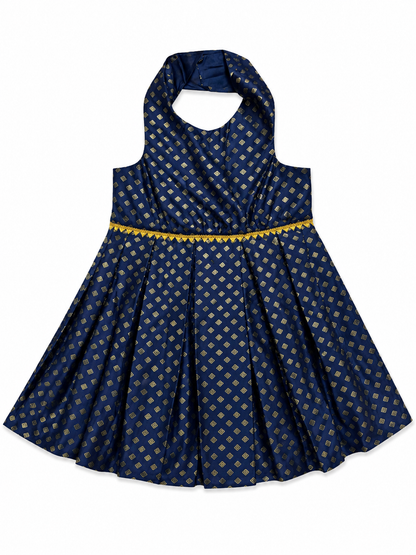 Navy blue dress with gold patterns on a white background