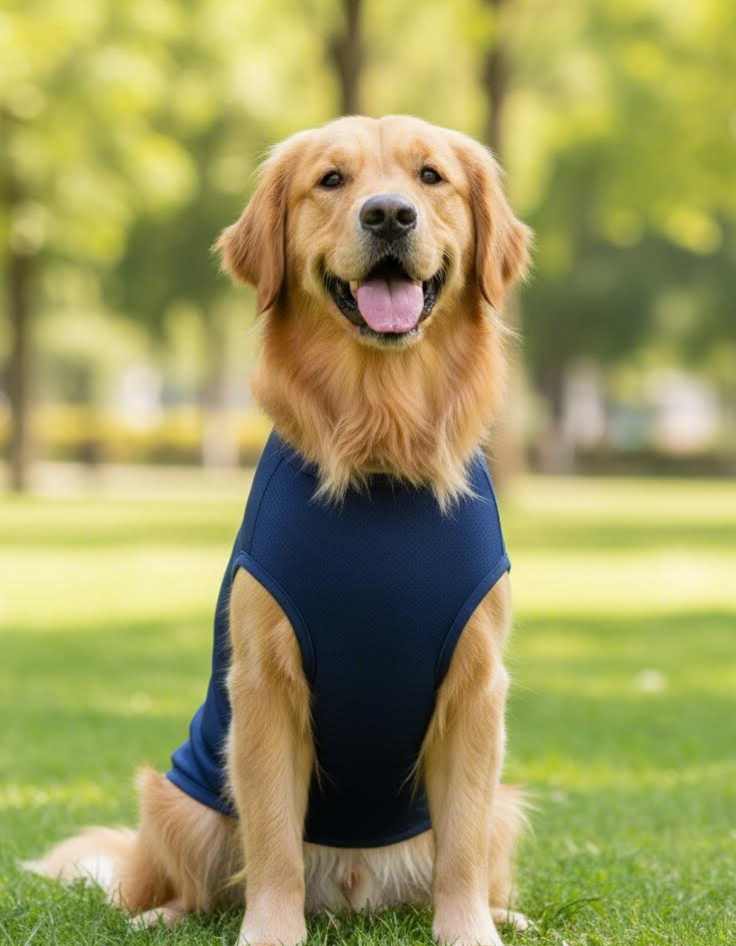Dog wearing a blue vest sitting on grass with trees in the background
