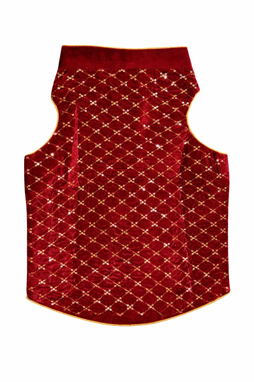 Red quilted dog vest with gold pattern on a white background