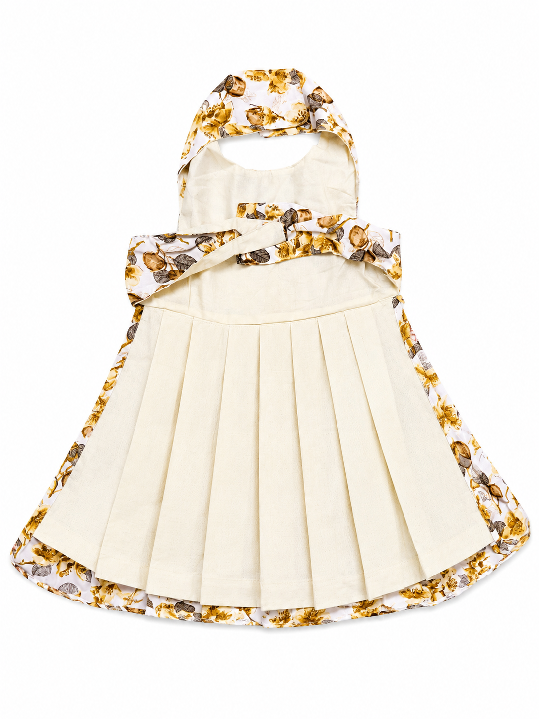 White dress with gold floral accents on a white background