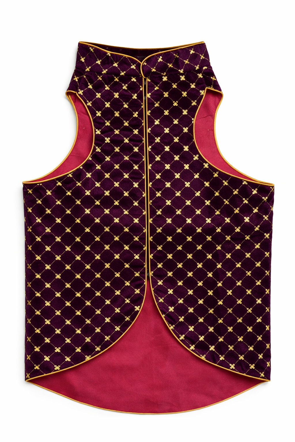 Vest with purple and gold pattern on a white background