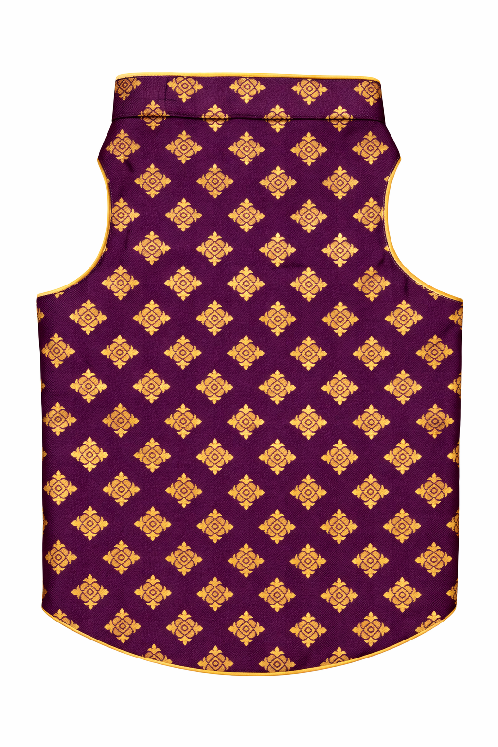 Purple vest with gold geometric pattern on a white background