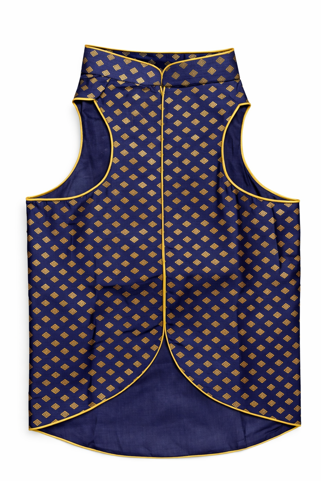 Blue vest with gold pattern on a white background