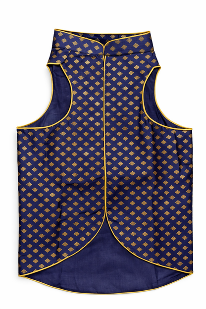 Blue vest with gold pattern on a white background