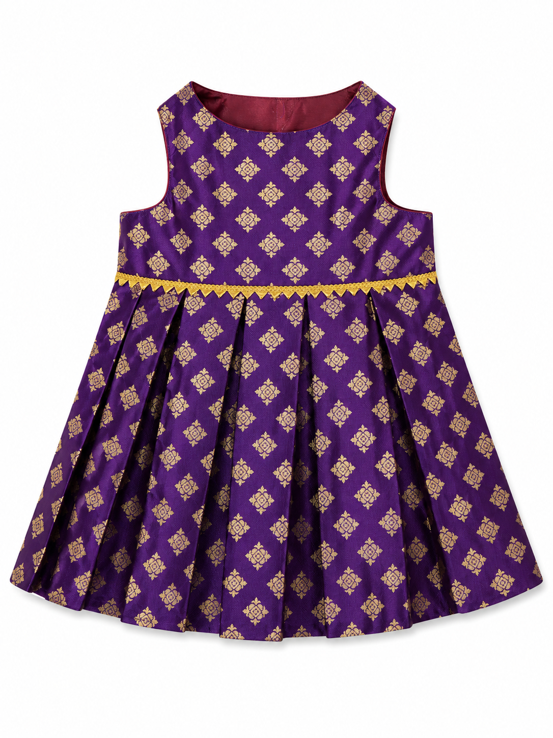 Purple dress with gold patterns on a white background