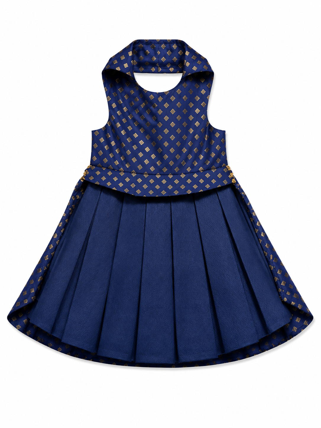 Blue dress with gold patterns on a white background