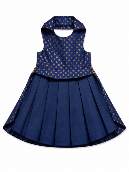 Blue dress with gold patterns on a white background