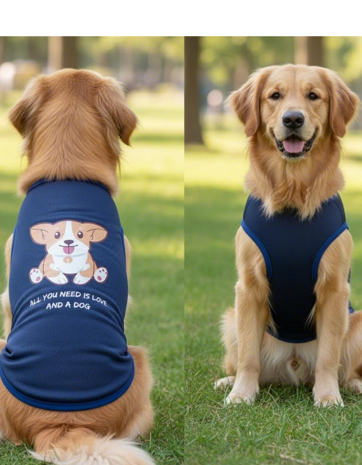 Dog wearing a blue shirt with a graphic and text in a park