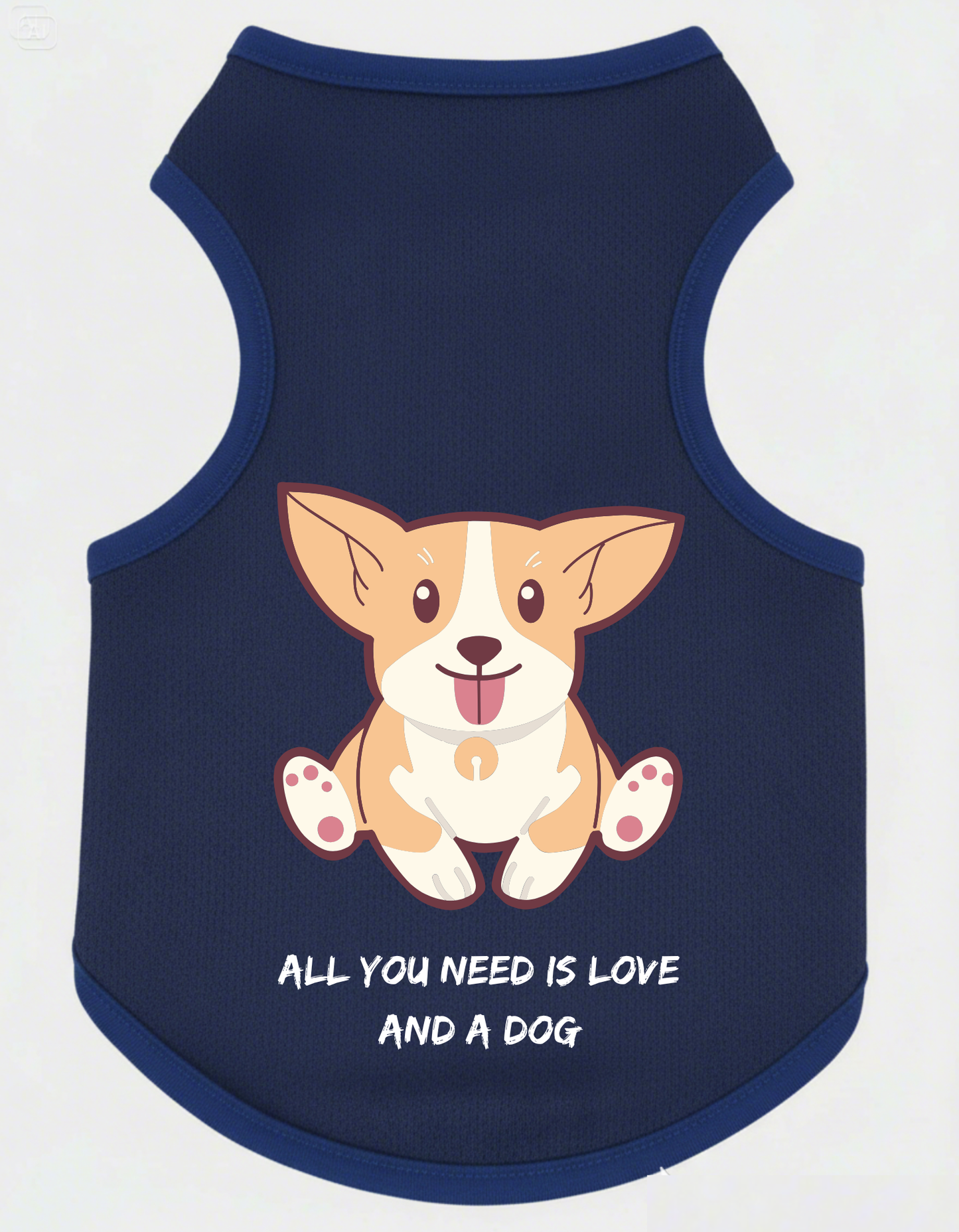 Navy blue pet vest with a cartoon dog and text on a white background