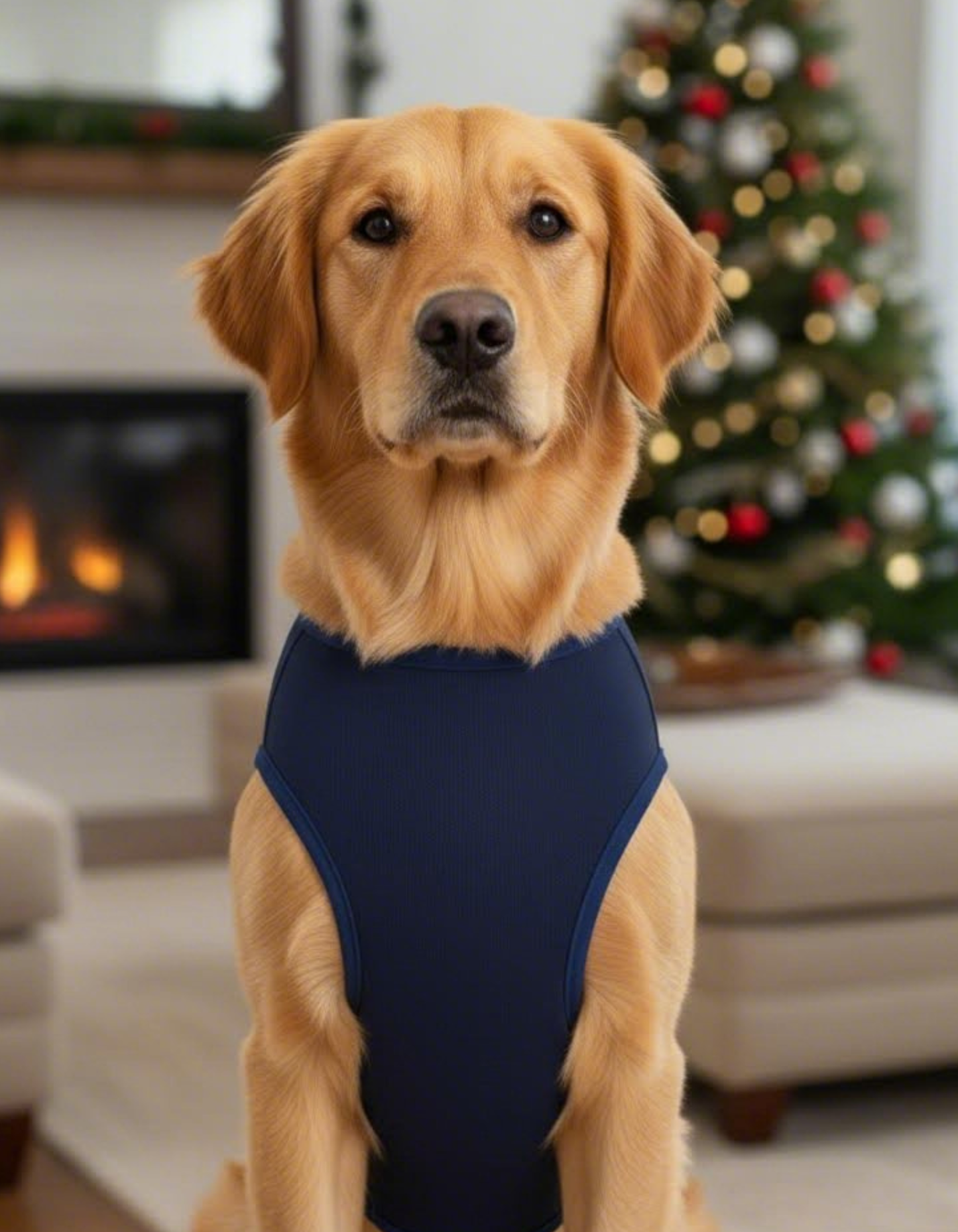 Dog wearing a blue harness sitting in a cozy living room with a Christmas tree and fireplace.