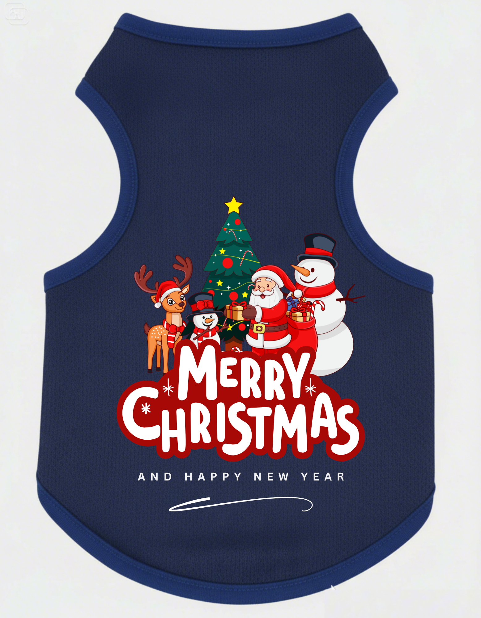 Navy blue pet vest with Christmas-themed design featuring Santa, reindeer, and snowman on a white background.