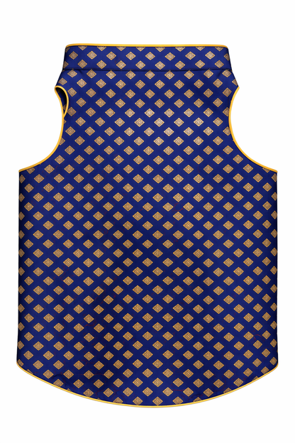 Blue and gold patterned vest on a white background