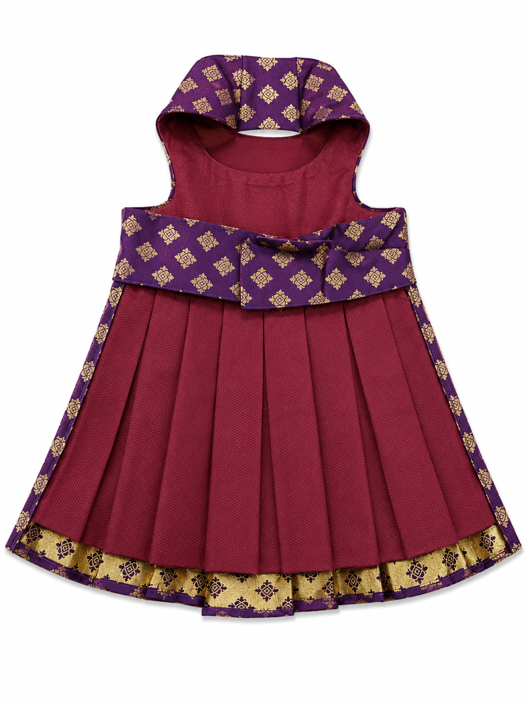 Red dress with purple hood and gold patterns on a white background