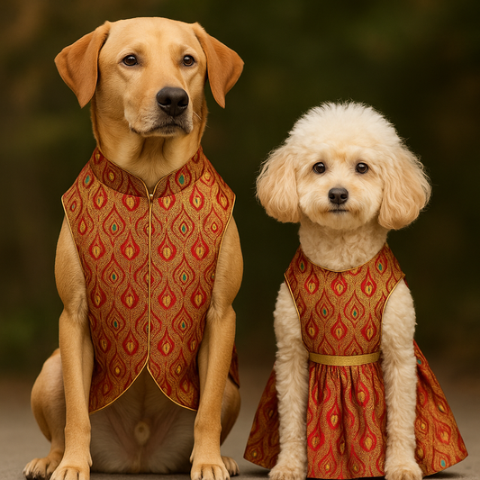Regal Maroon & Gold Brocade Sherwani & Lehenga Set for Dogs – Festive Couple Outfit by Petaloons