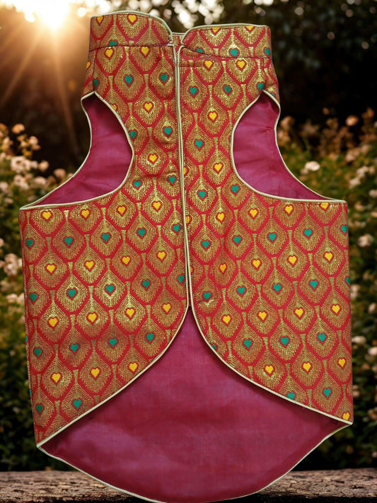 Regal Maroon & Gold Brocade Sherwani & Lehenga Set for Dogs – Festive Couple Outfit by Petaloons - Petaloons