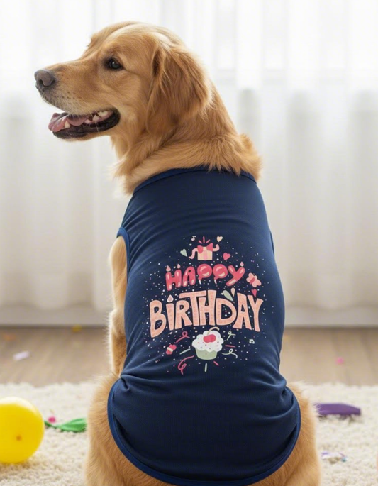 Dog wearing a navy blue 'Happy Birthday' shirt with a rose design on a light background.