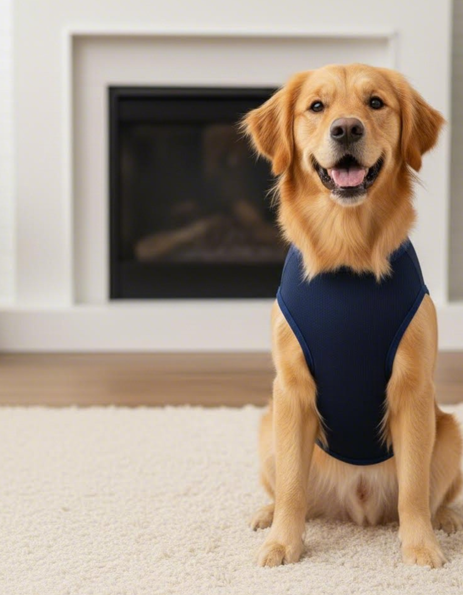 Dog wearing a navy blue harness sitting on a carpeted floor in front of a fireplace.
