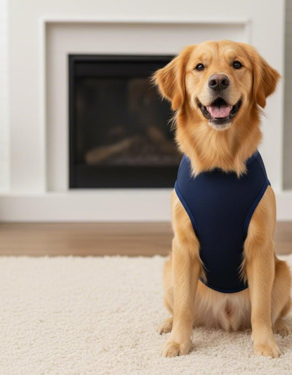 Dog wearing a navy blue harness sitting on a carpeted floor in front of a fireplace.