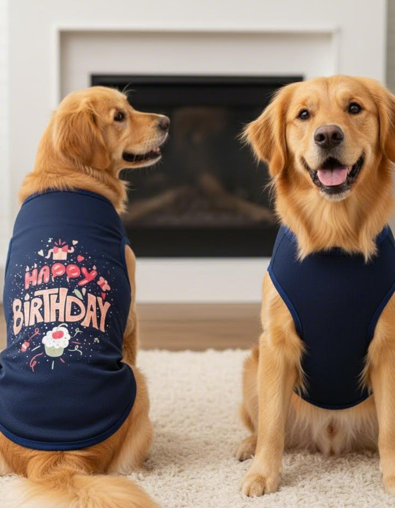 Two golden dogs wearing navy blue shirts with 'Happy Birthday' text and cupcake design indoors.