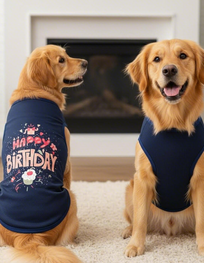 Two golden dogs wearing navy blue shirts with 'Happy Birthday' text and cupcake design indoors.
