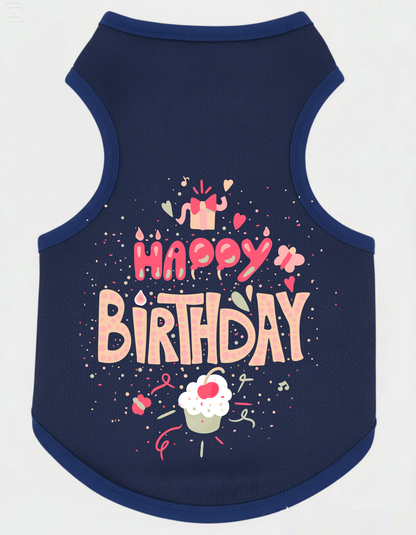 Navy blue pet vest with 'Happy Birthday' text and graphics on a white background