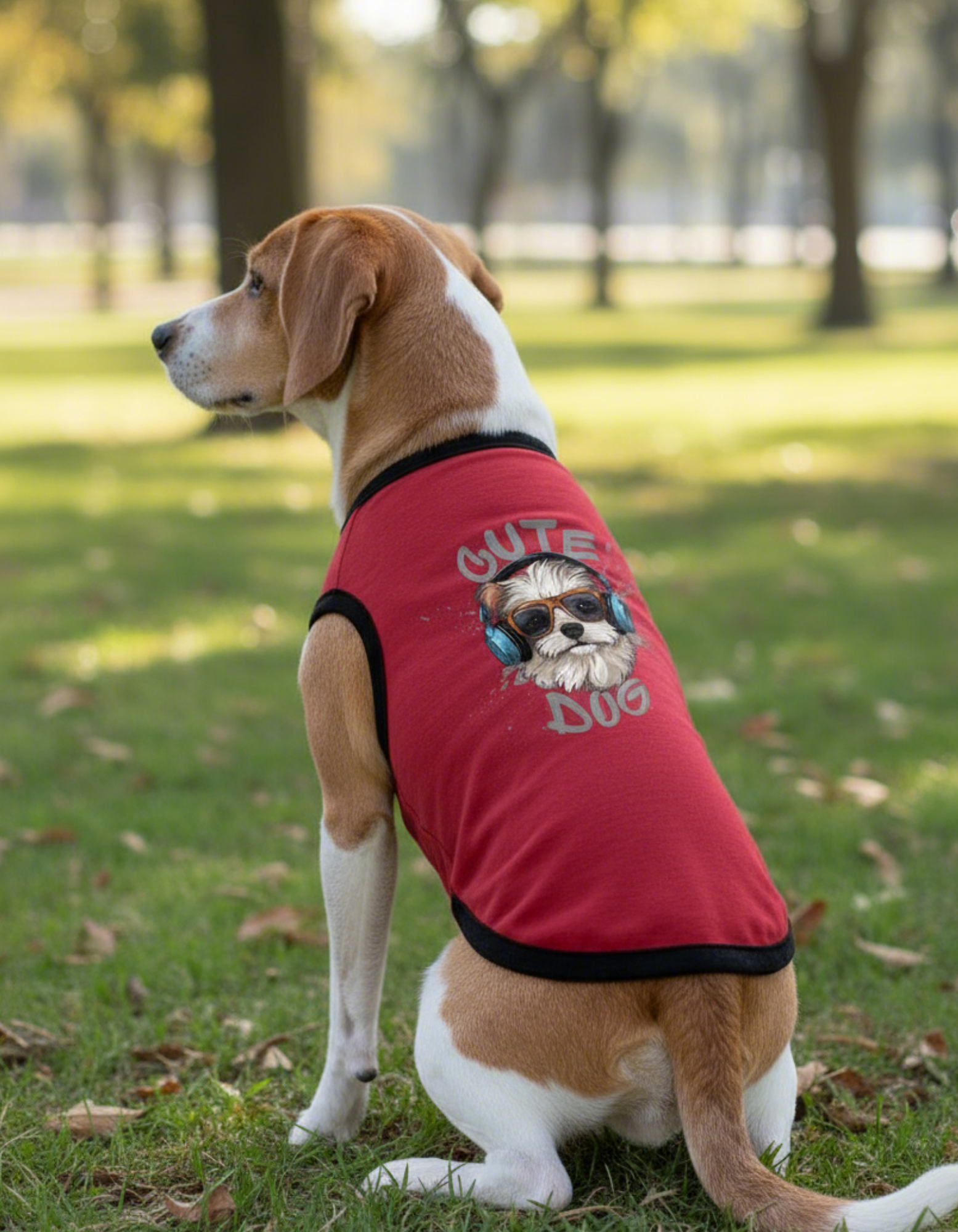 Dog wearing a red shirt with a graphic and text in a park
