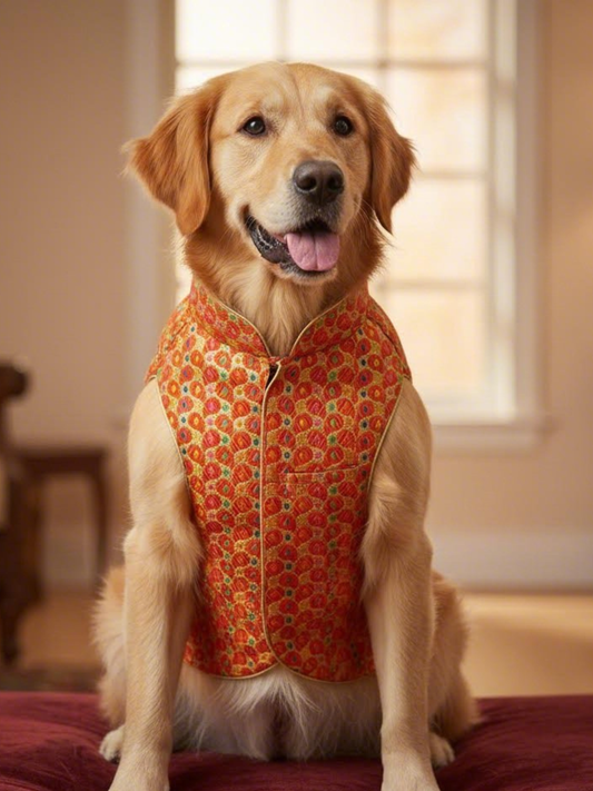 Dog wearing a patterned orange vest indoors