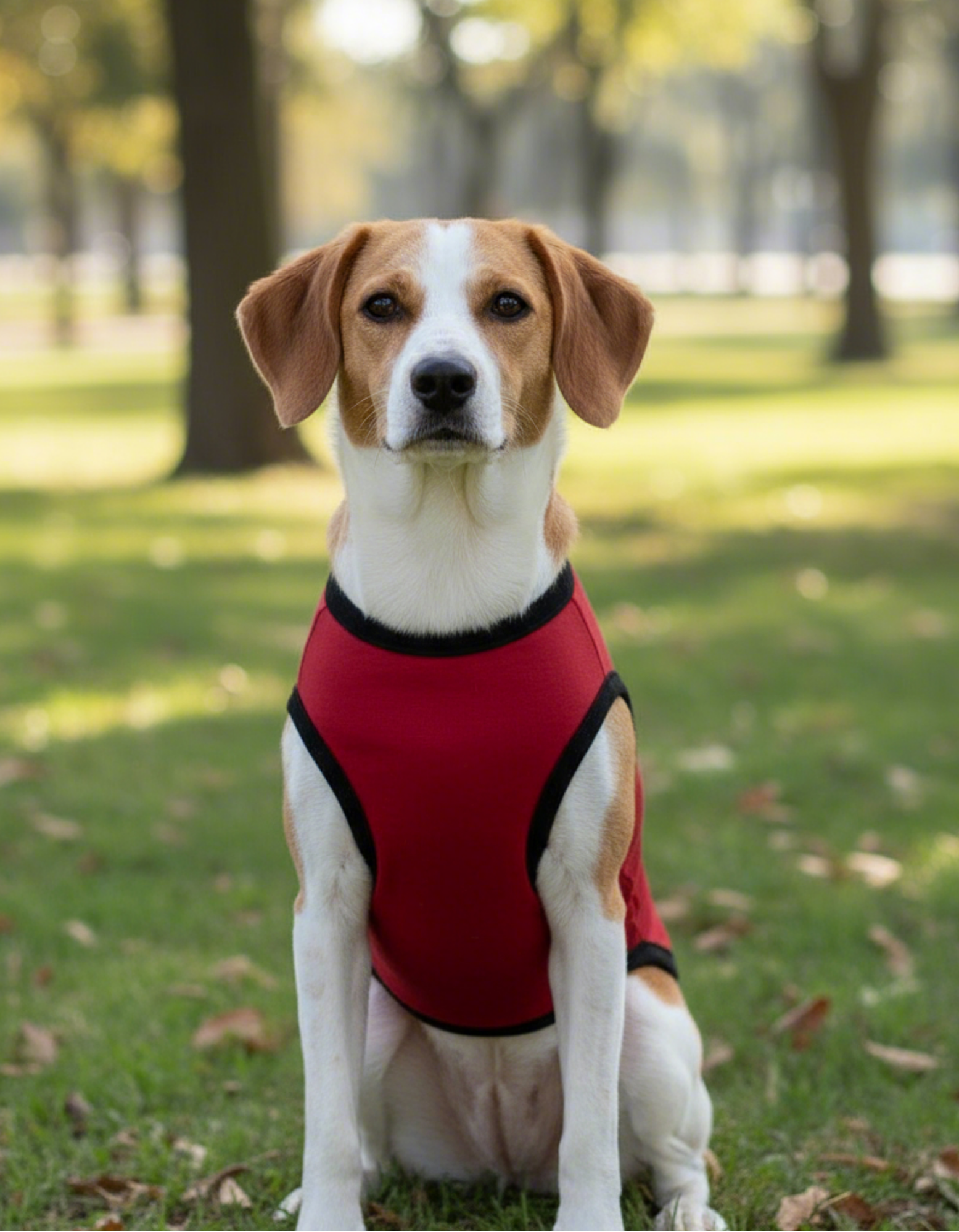 Dog wearing a red harness sitting on grass with trees in the background