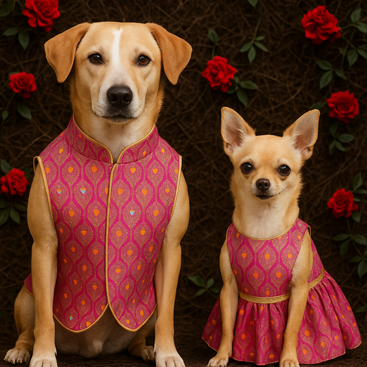 Royal Ethnic Couple Dress for Dogs – Pink Brocade Sherwani & Lehenga Set | Petaloons